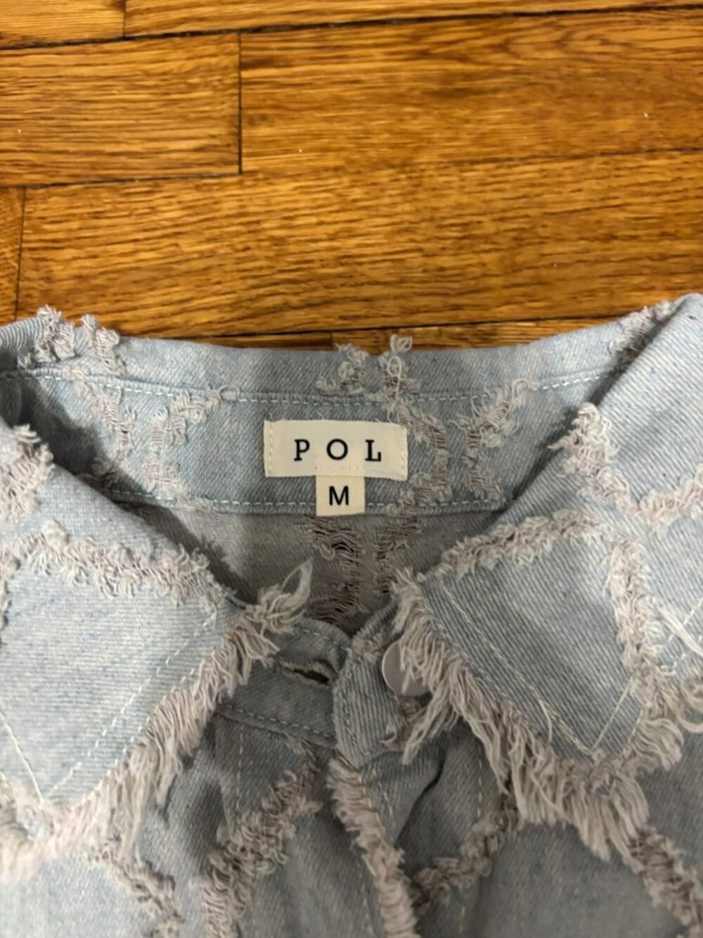 POL Womens Diamond Fringe Denim Jacket Size Medium Blue Floral Patchwork Boho - Picture 7 of 9